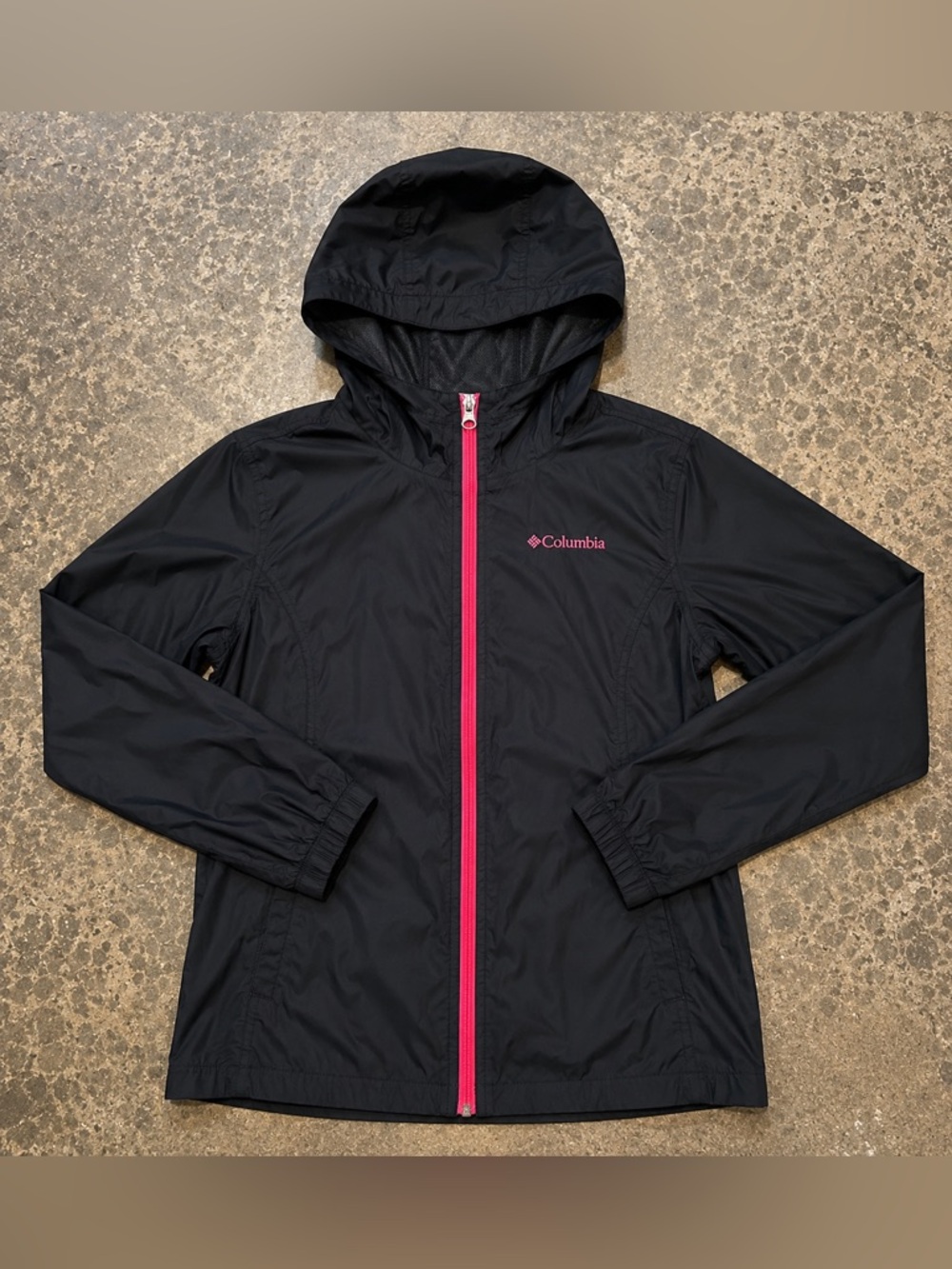 Columbia Kids Black Hooded Rain Jacket with Pink Zip